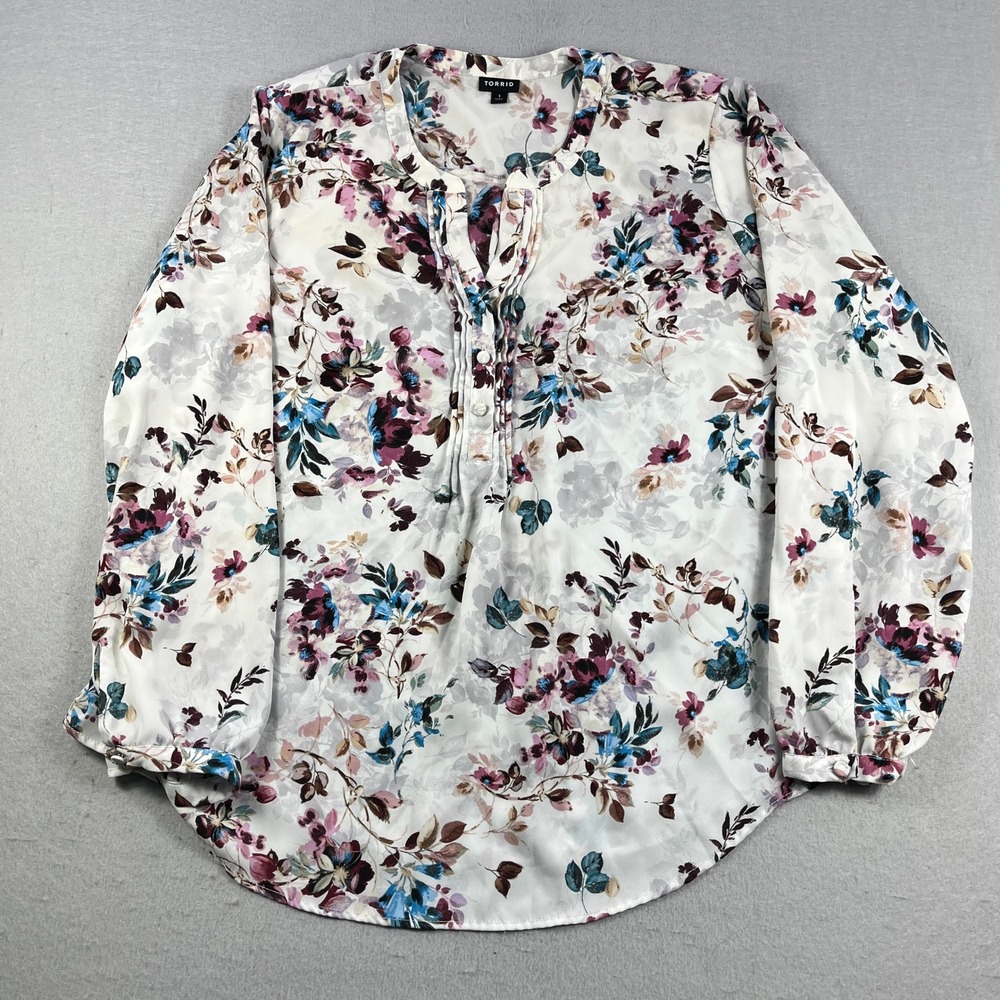 Torrid Womens Plus Size 1 Floral Long‎ Sleeve Pleated Button Front Blouse White - Picture 2 of 5